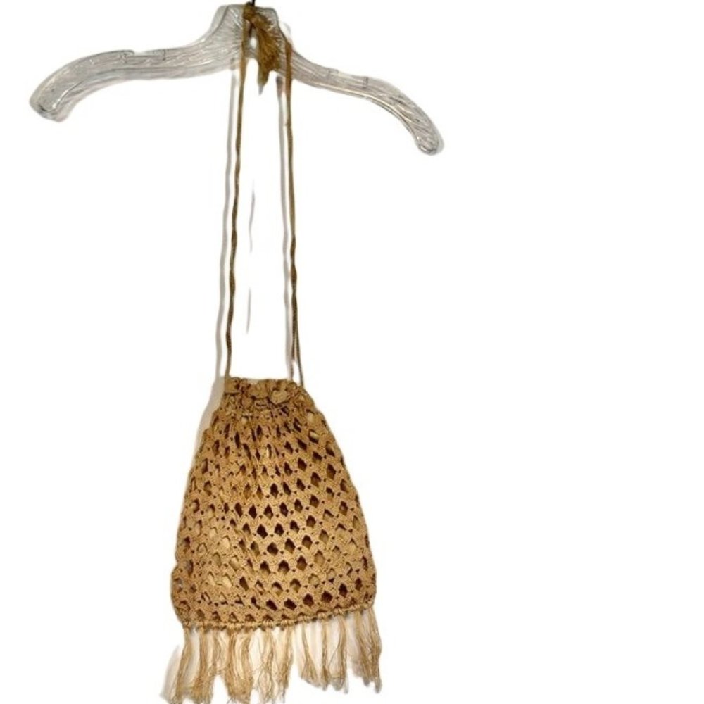 Vintage Women's Boho  Crochet Drawstring Handbag Satin Lining Long Strap Fringe